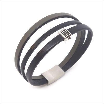 Men's multi-link black and taupe gray leather bracelet, silver metal worked ring