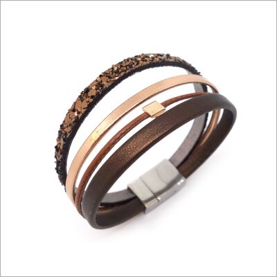Women's multi-link bracelet in rhinestones and chocolate and ose gold leather