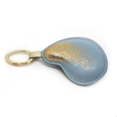 Key ring, bag charm in sky blue and iridescent green leather