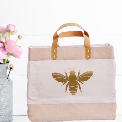 Bolsas de compras grandes de yute y lona de lujo con diseño de abeja dorada