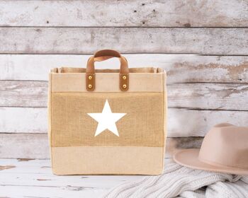 Star design Sacs de shopping de luxe en jute et cuir de taille moyenne 1