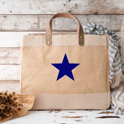 Star design Grands sacs de shopping en jute et cuir de luxe naturel