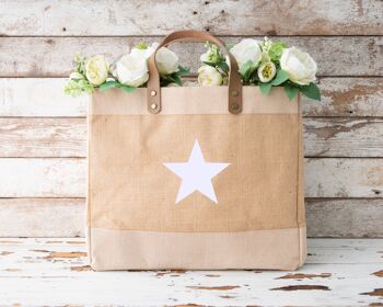 Star design Grands sacs de shopping en jute et cuir de luxe naturel 2