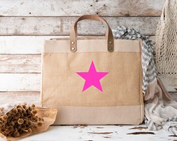 Star design Grands sacs de shopping en jute et cuir de luxe naturel 3