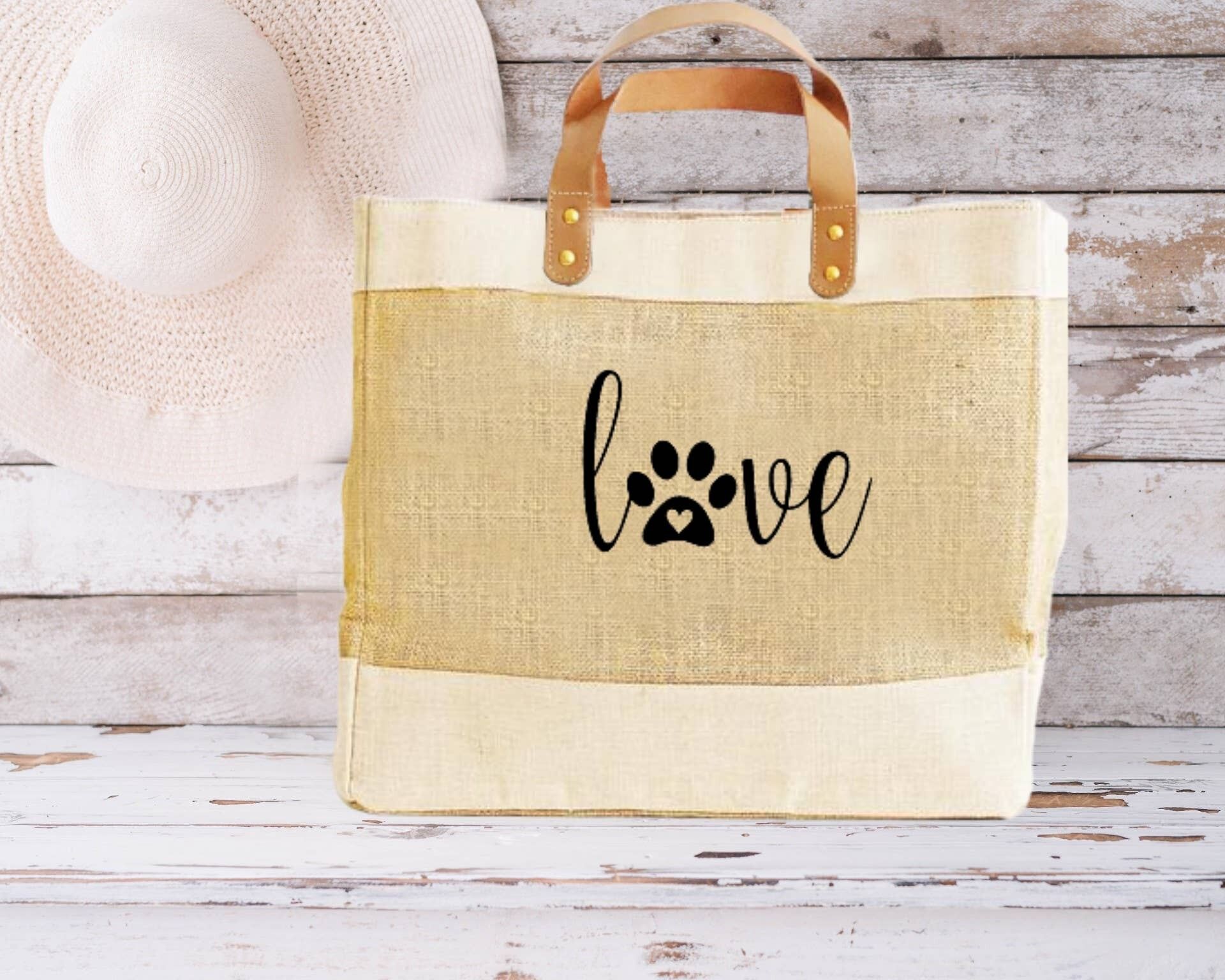 Stampa della zampa d'amore. Borsa shopper di lusso in iuta e pelle di grandi e medie dimensioni