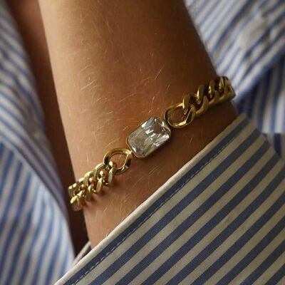 Bracelet acier maille gourmette cabochon rectangle strass