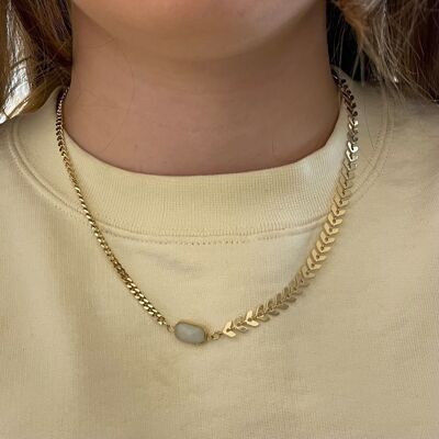 Epi mesh steel necklace and semi-precious stone horizontal rectangle cabochon