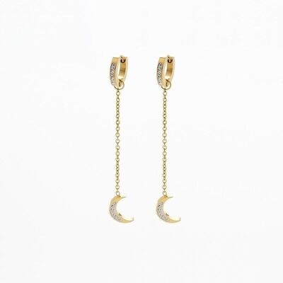 Steel earrings chain ring and rhinestone moon