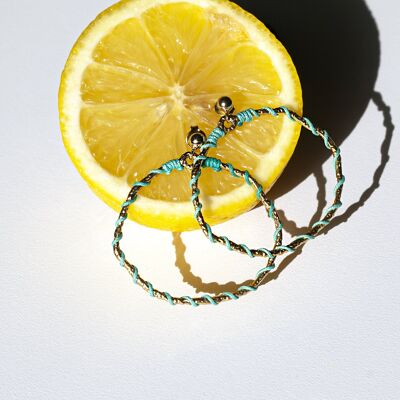 Boucles d'oreilles créoles Maxi Linda - Bleu aigue-marine tissé