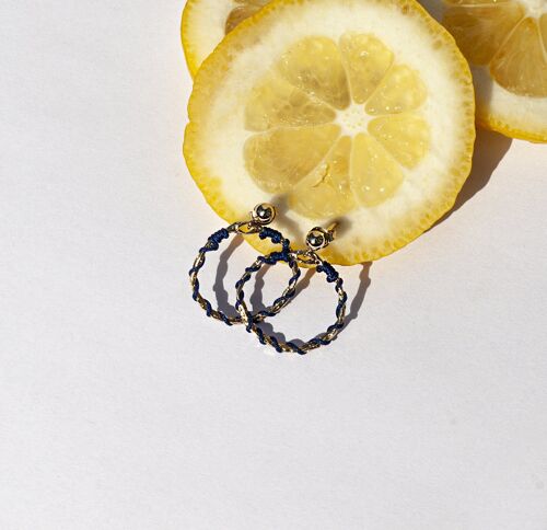 Mini Linda Hoop Earrings - Woven Navy Blue