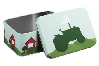Boîte en fer blanc rectangulaire, tracteur et grange, (vert) 1