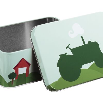 Boîte en fer blanc rectangulaire, tracteur et grange, (vert)