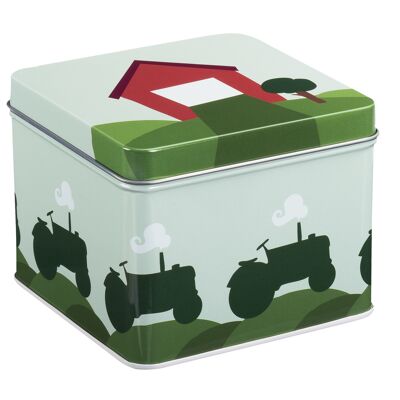 Petite boîte en fer blanc, tracteur et grange, (vert)