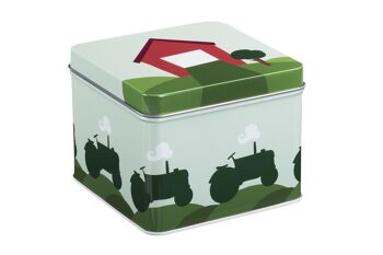 Petite boîte en fer blanc, tracteur et grange, (vert) 1