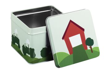 Petite boîte en fer blanc, tracteur et grange, (vert) 2