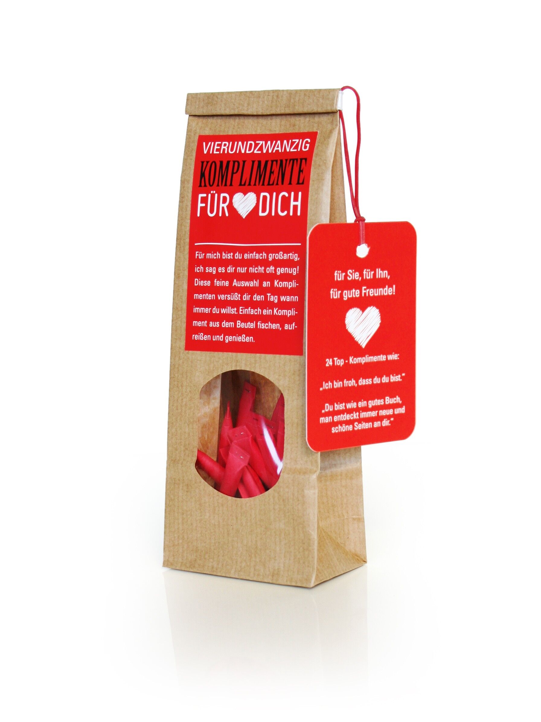24 KOMPLIMENTE FÜR DICH! 24 rote, liebevolle Jahrmarkt-Lose in einem Geschenk-Beutel