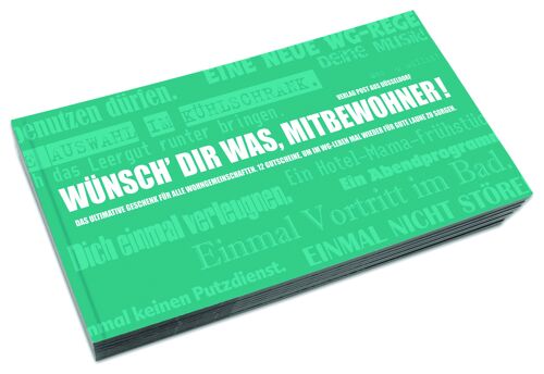 Gutscheinbuch für Wohngemeinschaften "WÜNSCH DIR WAS, MITBEWOHNER!" 12 Postkarten in einem Geschenkbuch