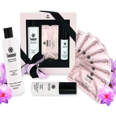 Soummé Rosenwasser - Beauty Geschenkbox -  280 ml Tropfflasche & eine 60ml Sprühflasche &  7 Tücher je 8,5ml Rosenwasser