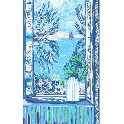 Estola pareo 100% algodón Bonito azul: palmeras y mar; ideal vacaciones, mar, playa, sur, para verano!