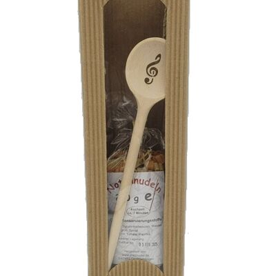 Gift set with sheet music noodles and treble clef cooking spoon in carrying case