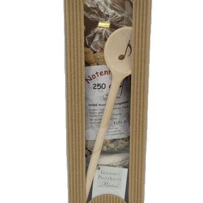 Gift set with note pasta, eighth note cooking spoon and pasta sauce in carrying bag