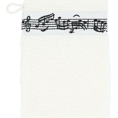 Cream-colored wash mitt with woven music line