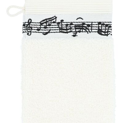Cream-colored wash mitt with woven music line