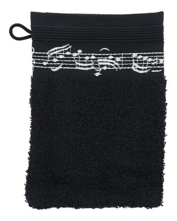 gant de toilette noir avec ligne de musique tissée