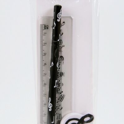 Writing set with sheet music pencil, staff ruler, treble clef pencil sharpener and eraser