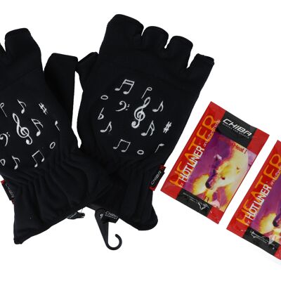 Musical note motif fleece gloves, two sizes, short fingers, with heating pad