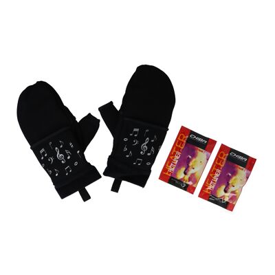 Musical note motif thermal fleece gloves, short fingers, overlap, two sizes, with heating pad