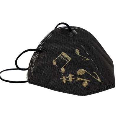 black FFP2 mask with mix of notes print, gold or white