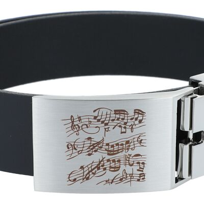 Ceinture en cuir avec boucle en métal, motif notes de musique