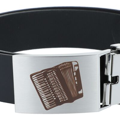 Leather belt with metal buckle, accordion musical motif
