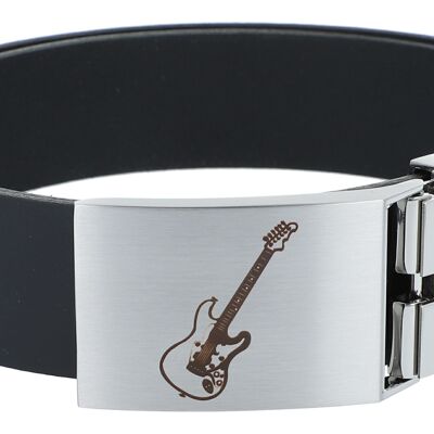 Leather belt with metal buckle, musical motif electric guitar