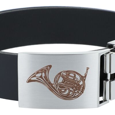 Leather belt with metal clasp, musical horn motif