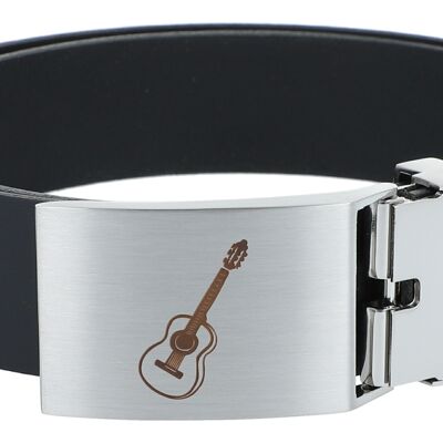 Leather belt with metal buckle, musical guitar motif