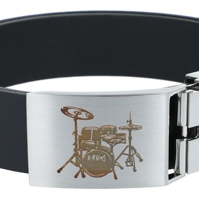 Leather belt with metal buckle, drums musical motif