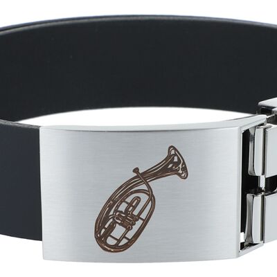 Leather belt with metal buckle, musical motif tenor horn