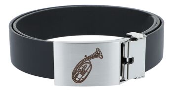 Ceinture en cuir avec boucle en métal, cor ténor motif musical