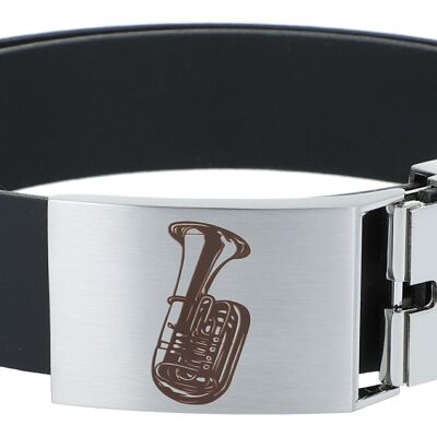 Cinturón de piel con hebilla metálica motivo musical tuba