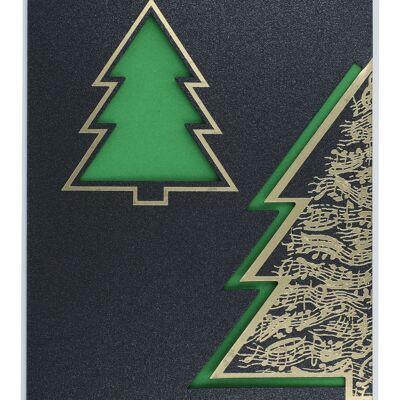 Árbol de Navidad de dos tarjetas con duelas, verde-dorado