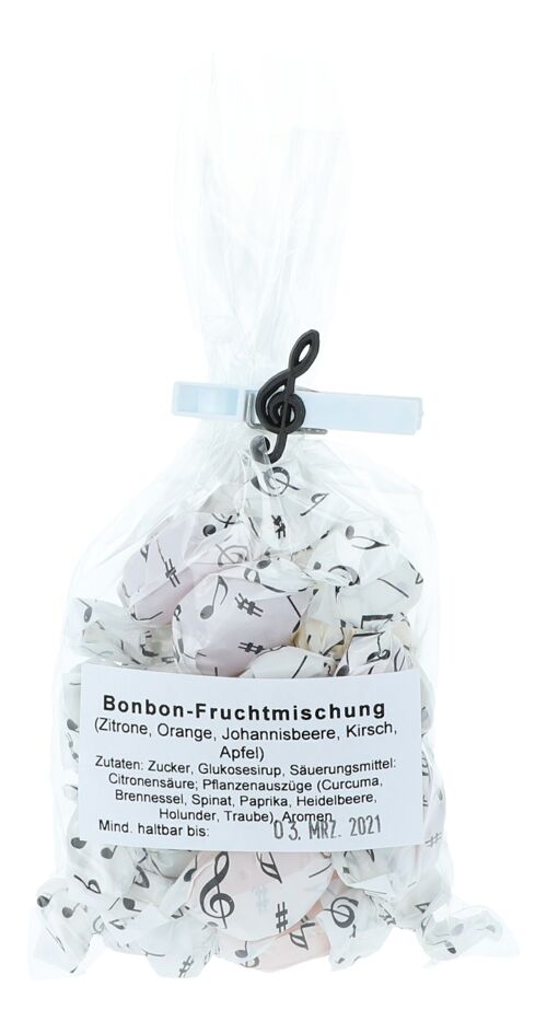 Bonbon-Fruchtmischung mit Noten-Wickelpapier, 100g-Packung mit Violinschlüssel-Klammer