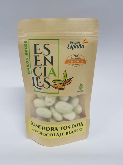 Almendras tostadas ESENCIALES con chocolate blanco Belga.  Paquete 120gr