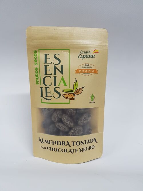 Almendras tostadas ESENCIALES con chocolate negro Belga . Paquete 120gr