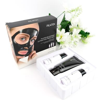 3-step blackhead removal kit. Includes 30 ml Blackhead Extractor Liquid, 60 gr Black Mask and 30 ml Facial Toner.