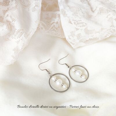 Boucles d'oreille argentées avec anneau perle de culture et acier inoxydable