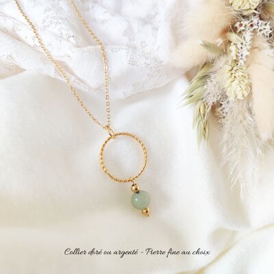 Collier doré avec anneau perle aventurine verte et acier inoxydable