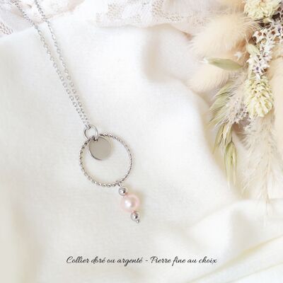 Collier argenté avec anneau, perle de culture rose et acier inoxydable