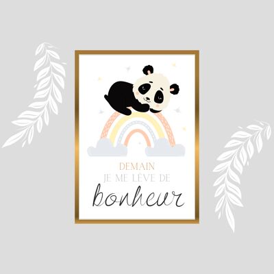 Affiche chambre bébé demain je me lève de bonheur panda arc en ciel